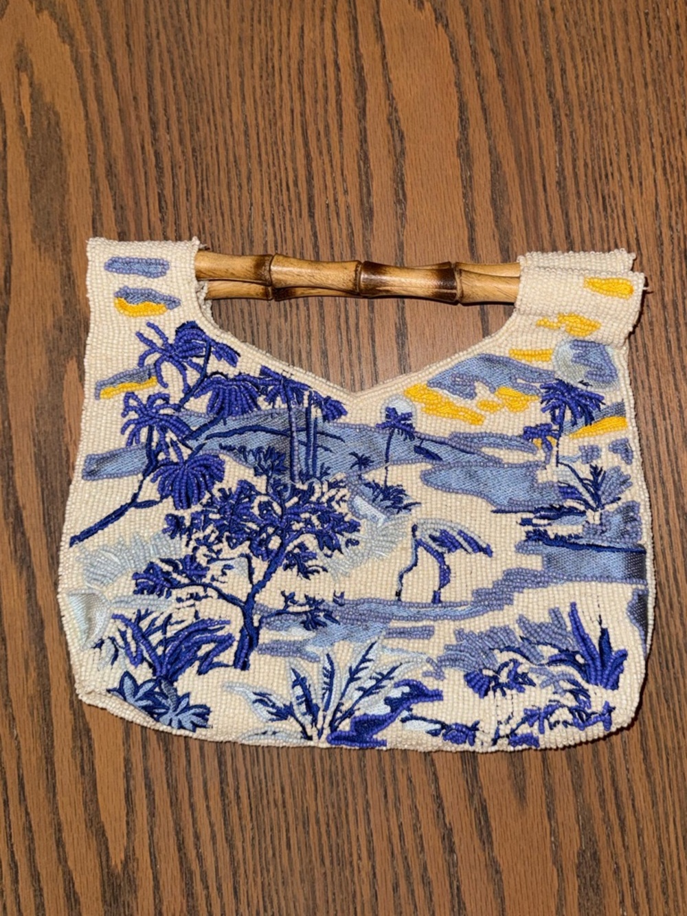 Beaded Blue & White Bamboo Handle Purse
